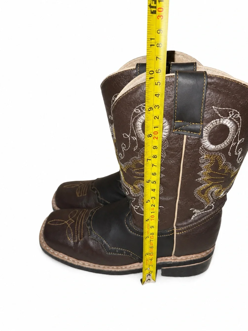 Rodeo Kids Brown Black Leather Cowboy Boots Square Toe Embroidered Size 12